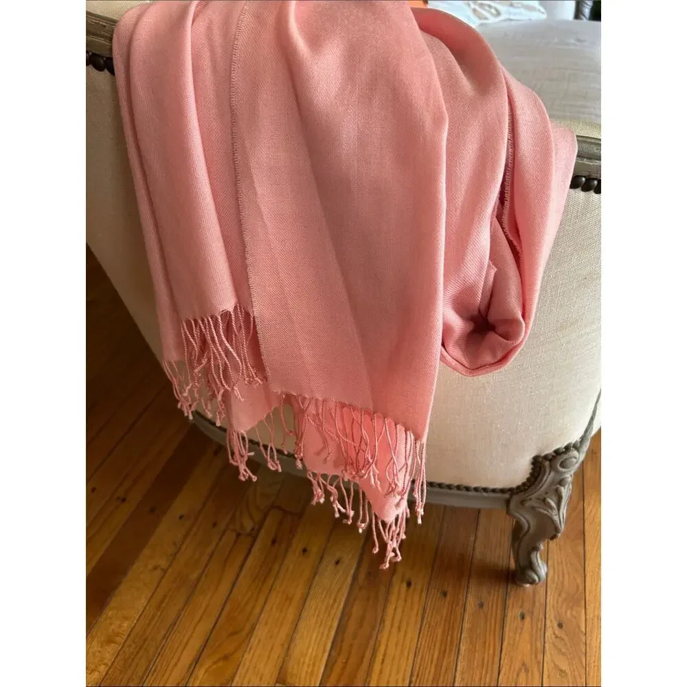 Soft Pink Fringe Scarf in Elongated Rectangle Shape, Lightweight Wool Feel